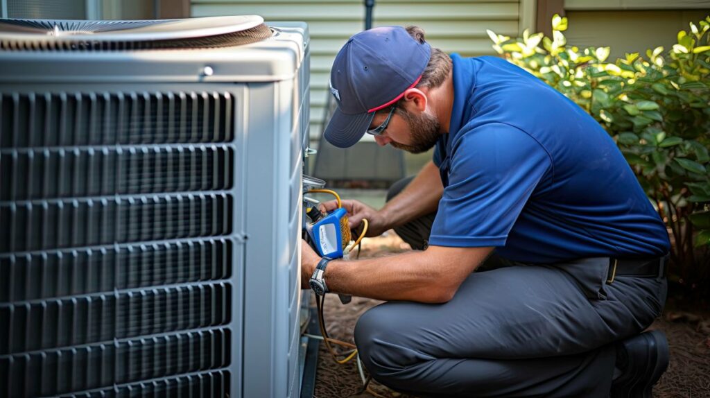 Air repairman performing HVAC maintenance